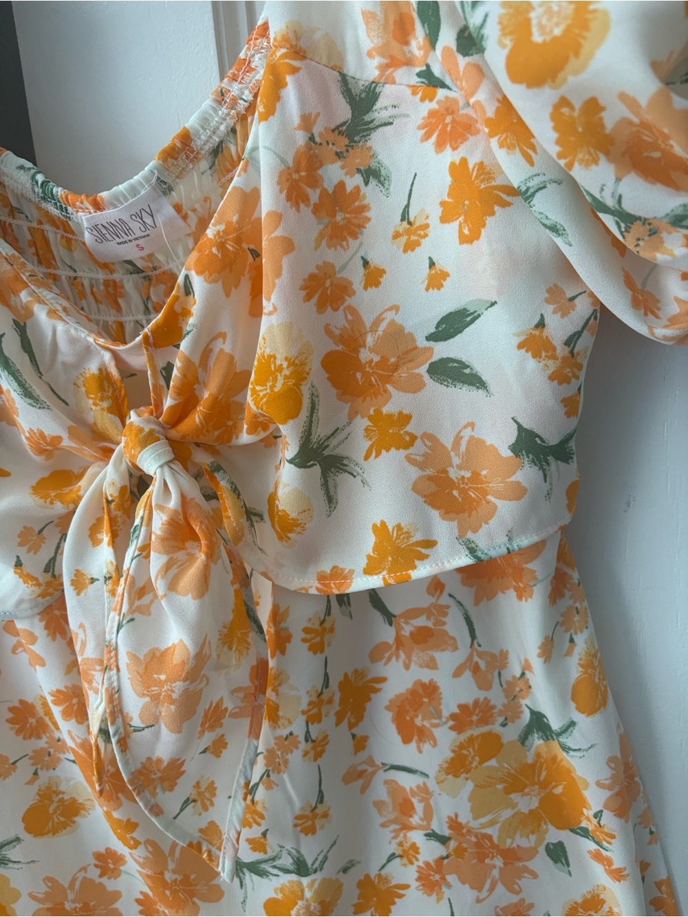 Sienna Sky Peach Floral Tie-Front Puff Sleeve Mini Dress - Picture 5 of 5